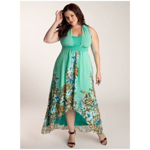 IGIGI Olympia Maxi Dress 14 16 Green Chiffon Colorful Halter Hi Lo Hem Floral - Picture 1 of 10